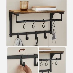 Rootz knagerække - knageholder - knagerække med 8 kroge - vægmonteret knagerække - spånplade/stål - vintage brun-sort - 40 x 24 x 24 cm