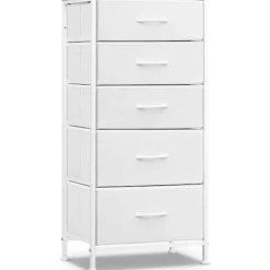 Rootz -kommode - Kommode - Opbevaringsskab - Rumbesparende - 45,5 x 95,5 x 30 cm - Hvid & brun metalramme - 5 stofskuffer