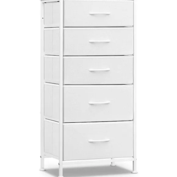Rootz -kommode - Kommode - Opbevaringsskab - Rumbesparende - 45,5 x 95,5 x 30 cm - Hvid & brun metalramme - 5 stofskuffer