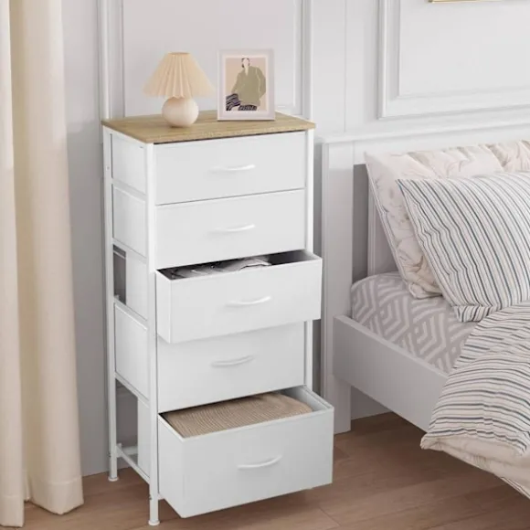 Rootz -kommode - Kommode - Opbevaringsskab - Rumbesparende - 45,5 x 95,5 x 30 cm - Hvid & brun metalramme - 5 stofskuffer