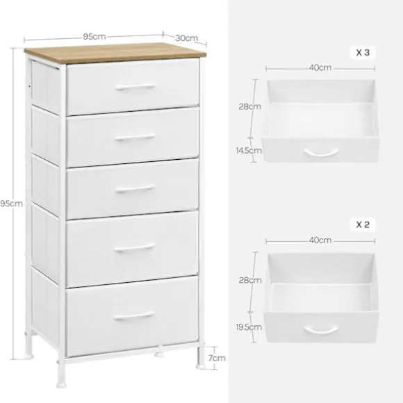 Rootz -kommode - Kommode - Opbevaringsskab - Rumbesparende - 45,5 x 95,5 x 30 cm - Hvid & brun metalramme - 5 stofskuffer