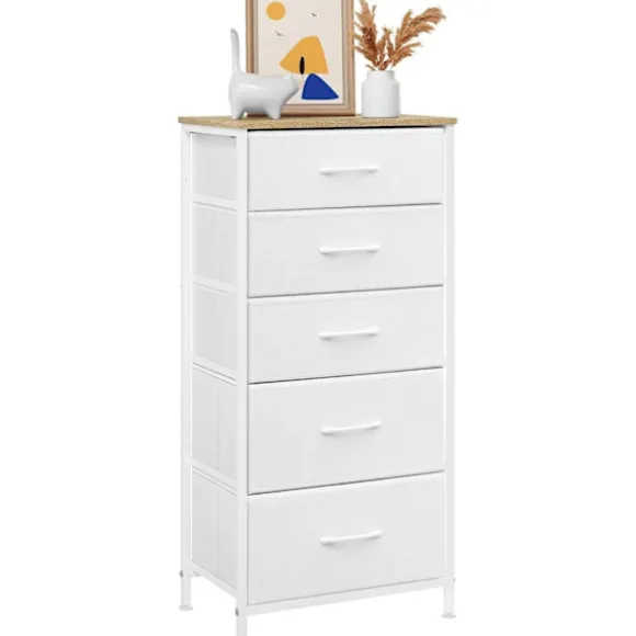 Rootz -kommode - Kommode - Opbevaringsskab - Rumbesparende - 45,5 x 95,5 x 30 cm - Hvid & brun metalramme - 5 stofskuffer