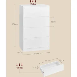 Rootz kommode - Kommode - Opbevaringsskab - Hvid - Holdbar spånplade - 40 cm x 60 cm x 97,4 cm