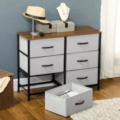Rootz kommode - Skænk - 6 skuffer - Stofskuffer - Kommode til industriel soveværelse - Vuggestue - Stue - Entre - Brun + Sort + Grå - 80 cm x 30 cm x | Fyndiq