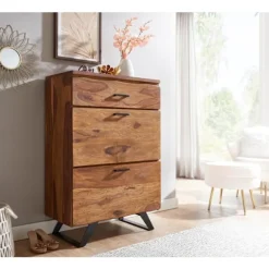Rootz kommode 80x120x41,5 cm massivt sheesham træ - metal hall kommode - Skænk Highboard med trækant - Kommode skab træ moderne - Stående skab skænk k | Fyndiq