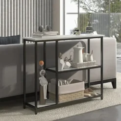 Rootz konsolbord - Industrielt design - Elegant imiteret marmor - 2 hylder - Marmoreffekt - Robust stålstel - Sort + Hvid - 100L x 30W x 80H cm