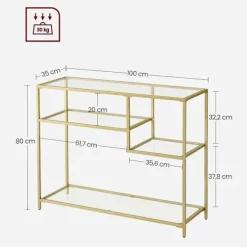 Rootz konsolbord - moderne glas konsolbord - metalramme konsolbord - industriel stil - guld - 35 x 100 x 80 cm (D x B x H)