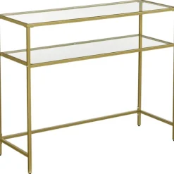 Rootz Konsolbord - Sidebord - 2 niveauer - Hærdet glas - Metalstel - Justerbare ben - Guld - 100 x 35 x 80 cm