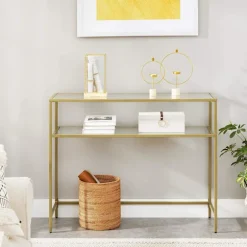 Rootz Konsolbord - Sidebord - 2 niveauer - Hærdet glas - Metalstel - Justerbare ben - Guld - 100 x 35 x 80 cm