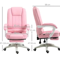 Rootz kontorstol med fodstøtte - Justerbart ryglæn - Højdejusterbart - 5 hjul - Kunstlæder - Pink + Hvid - 65cm x 68cm x 116cm