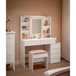 Rootz LED sminkebord - Moderne vaskebord - Oplyst makeup skrivebord - Spånplade - 40 cm x 117 cm x 145 cm - Cloud White