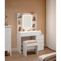 Rootz LED sminkebord - Sminkebord - Makeup skrivebord - Cloud White - Moderne design - 40 cm x 97,5 cm x 145 cm