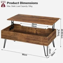 Rootz Lift Top Sofabord - Vintage stuebord - Højdejusterbart - Skjult opbevaring - Robust struktur - 95cm x 55,5cm x 71,5cm