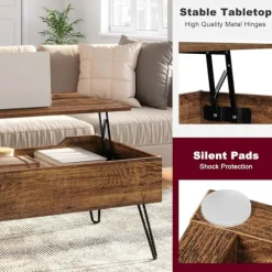 Rootz Lift Top Sofabord - Vintage stuebord - Højdejusterbart - Skjult opbevaring - Robust struktur - 95cm x 55,5cm x 71,5cm