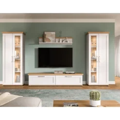 Rootz Living Room Set - 4 -delt møbler Suite - Stilfuld opbevaring og display - 336x161x40 cm - Hvid og brun