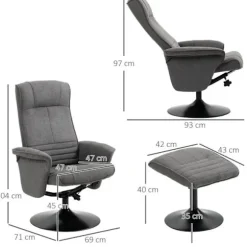 Rootz Lænestol - Accent Stol - Hvilestol med fodskammel - Justerbart ryglæn til soveværelset - Skum - Mørkegrå - 69 x 71 x 104 cm