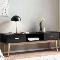Rootz Lowboard tv-skab - 150 cm tv-stativ - sort og eg tv-konsol - moderne design - rummelig opbevaring - holdbar konstruktion - 150 cm x 50 cm x 40 c | Fyndiq