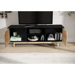 Rootz Lowboard TV-skab - TV-kommode - Underholdningsenhed - Moderne sort eg-design - Rummelig opbevaring - Kabelstyring - Gulvbeskyttelse - 150 cm x 4 | Fyndiq