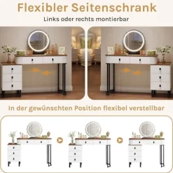 Rootz Makeup Vanity Table Set - Dressing Table - Beauty Desk - Rigelig opbevaring - 100 cm x 126 cm x 40 cm - Hvidbrunt træudseende