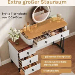 Rootz Makeup Vanity Table Set - Dressing Table - Beauty Desk - Rigelig opbevaring - 100 cm x 126 cm x 40 cm - Hvidbrunt træudseende