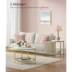 Rootz Marmor Hvid-Lys Guld Sofabord - Stuebord - Moderne Bord - Spånplade - Hærdet glas - Stål - Justerbare fødder - Letvægts - Rummelig - Nem monteri | Fyndiq