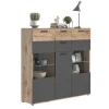 Rootz Mason 3 Door skænk - Glasfrontkabinet - Opbevaringsarrangør - Nox Oak Finish - 140 cm x 134 cm x 37 cm, grå