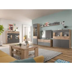 Rootz Mason 3 Door skænk - Glasfrontkabinet - Opbevaringsarrangør - Nox Oak Finish - 140 cm x 134 cm x 37 cm, grå