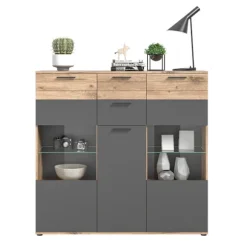 Rootz Mason 3 Door skænk - Glasfrontkabinet - Opbevaringsarrangør - Nox Oak Finish - 140 cm x 134 cm x 37 cm, grå