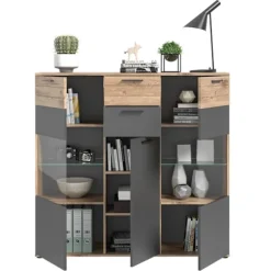 Rootz Mason 3 Door skænk - Glasfrontkabinet - Opbevaringsarrangør - Nox Oak Finish - 140 cm x 134 cm x 37 cm, grå