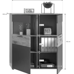 Rootz Mason Display Cabinet - Glass Showcase - 2 Door Cabinet - Moderne design - Basalt Gray - Nox Oak - 110 cm x 122 cm x 37 cm