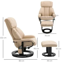 Rootz Massagestol - Afslapningsseng med liggefunktion - Tv-stol - Hvilestol - Ergonomisk stol - Lænestol med skammel - Beige - 76 x 80 x 102 cm