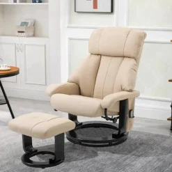 Rootz Massagestol - Afslapningsseng med liggefunktion - Tv-stol - Hvilestol - Ergonomisk stol - Lænestol med skammel - Beige - 76 x 80 x 102 cm