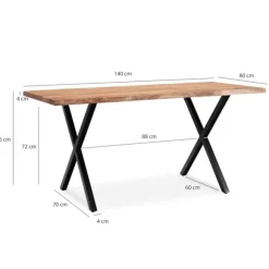 Rootz Massivt akacietræ Spisebord - Køkkenbord - Rektangulært bord - Naturligt trækorn - Unikt trækantdesign - X-formede metalben - 140 cm x 80 cm x 7 | Fyndiq