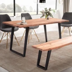 Rootz Massivt akacietræ Spisebord - Køkkenbord - Rektangulært bord - Naturligt trækorn - Unikt trækantdesign - U-formede metalben - 140 cm x 80 cm x 7 | Fyndiq