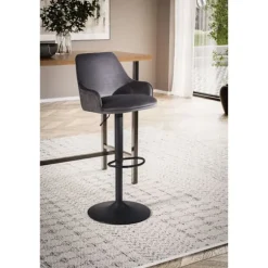 Rootz Modern Design Barstol - Fløjlssæde - Diamantquiltning - Metal trompetbase - 45 cm x 86-106 cm x 45 cm - Grå - 360° rotation - 100 kg Kapacitet | Fyndiq