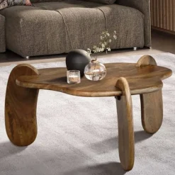 Rootz Modern Design Sofabord - Bordplade i organisk form - Naturligt trækorn - Håndlavet - Mangotræ - 78 cm x 78 cm x 39,5 cm