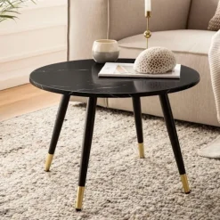 Rootz Modern Round Sofabord - Stue Bord - Stilfuldt marmorudseende - Robuste metalben - 60 cm x 60 cm x 41 cm