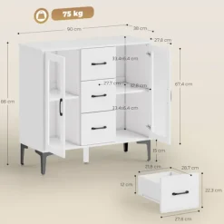 Rootz Modern skænk - Buffetskab - Opbevaringsskab - Soft Close, Justerbare hylder, Easy-Clean, Hvid, 90 x 38 x 86 cm