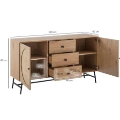 Rootz Modern skænk - Stilfuld opbevaringsenhed - Eg dekorationsskab - Justerbare hylder - 140 cm x 80 cm x 40 cm