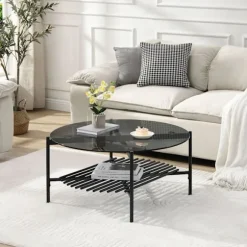 Rootz Modern Sofabord - Rundt glasbord - Sort metalstel - Elegant og kompakt - 80 cm x 80 cm x 40 cm