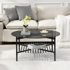 Rootz Modern Sofabord - Rundt glasbord - Sort metalstel - Elegant og kompakt - 80 cm x 80 cm x 40 cm