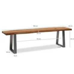 Rootz Modern spisestuebænk - massiv træbænk - trækantssæde - håndlavet - trapezformede metalben - akacietræ - 160 cm x 40 cm x 45,5 cm