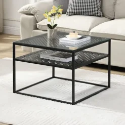 Rootz Modern Square Sofabord - Elegant gennemsigtig top - Stilfuldt gitterdesign - Kompakt og rummeligt - 60 cm x 60 cm x 45 cm