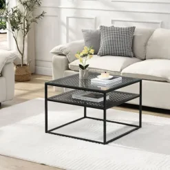 Rootz Modern Square Sofabord - Elegant gennemsigtig top - Stilfuldt gitterdesign - Kompakt og rummeligt - 60 cm x 60 cm x 45 cm
