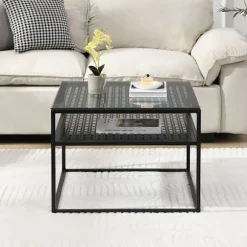 Rootz Modern Square Sofabord - Elegant gennemsigtig top - Stilfuldt gitterdesign - Kompakt og rummeligt - 60 cm x 60 cm x 45 cm