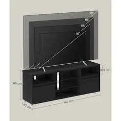Rootz Modern TV Stand - Underholdningsenhed - Mediekonsol - Spånplade og hærdet glas - 40 cm x 160 cm x 60 cm - Sort - 37,2 kg - 90 kg Kapacitet