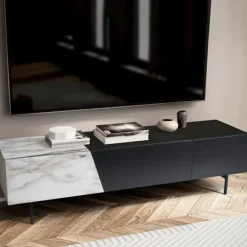 Rootz Modern TV Underskab - Lowboard - Marmor Decor - Rektangulær opbevaring - Rummelig hylde - 150 cm x 40 cm x 40 cm - Hvid & Sort - Velegnet til tv | Fyndiq