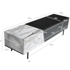Rootz Modern TV Underskab - Lowboard - Marmor Decor - Rektangulær opbevaring - Rummelig hylde - 150 cm x 40 cm x 40 cm - Hvid & Sort - Velegnet til tv | Fyndiq