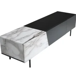 Rootz Modern TV Underskab - Lowboard - Marmor Decor - Rektangulær opbevaring - Rummelig hylde - 150 cm x 40 cm x 40 cm - Hvid & Sort - Velegnet til tv | Fyndiq