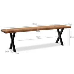 Rootz moderne design spisestuebænk - træbænk - naturligt trækorn - faste x-formede metalben - 180 cm x 40 cm x 45,5 cm